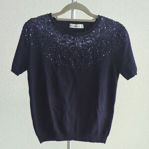 Zara Midnight Blue Sequin Knit Top